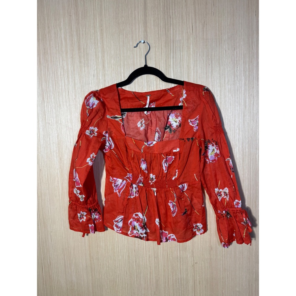 Free People Womens Red Floral Square Neck Smocked Peplum Blouse XS